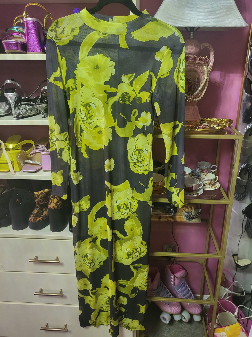 Yellow/Greenish Floral Long Sleeve Midi Mesh Dress - Women
